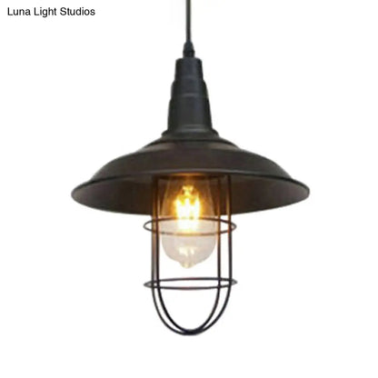 Barn Metal Suspended Light - Farmhouse Style Pendant Light with Wire Guard - Black Finish