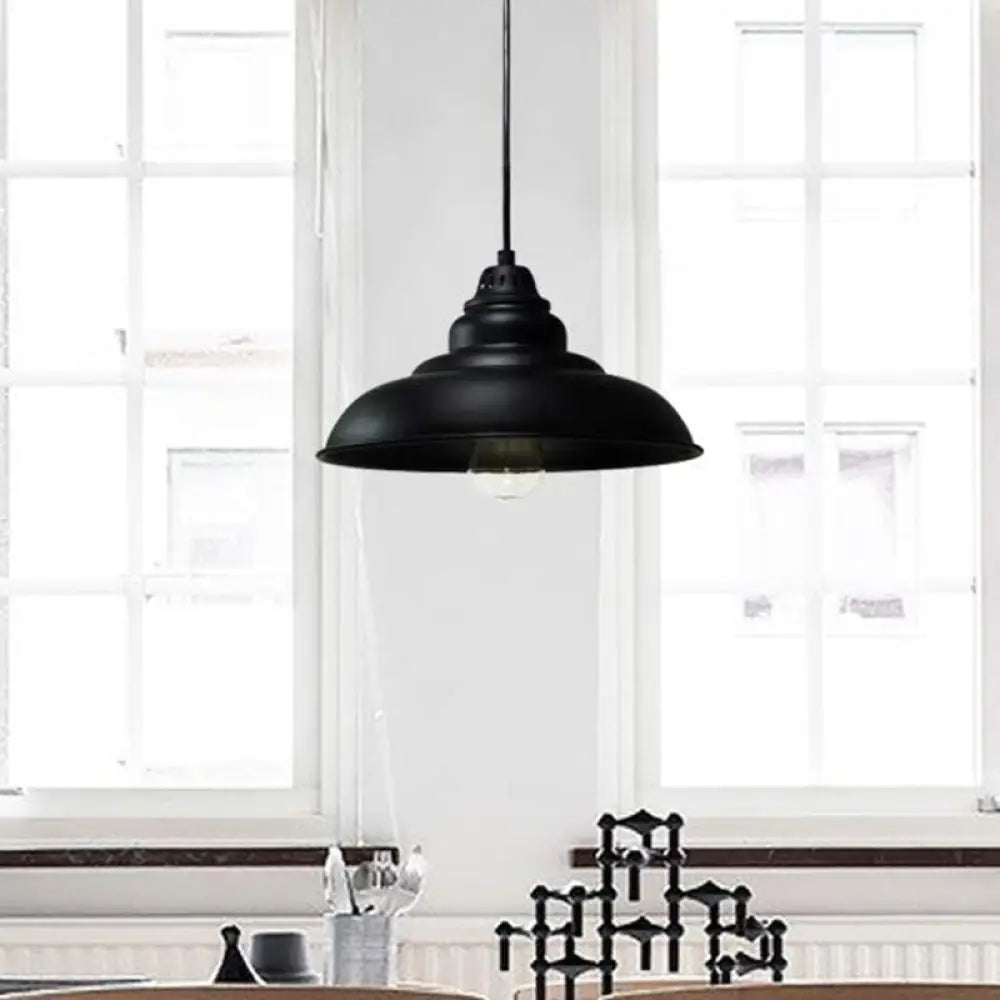 Barn Shade Industrial Metal Pendant Light Fixture - Single Bulb Hanging Lamp in Black for Living Room