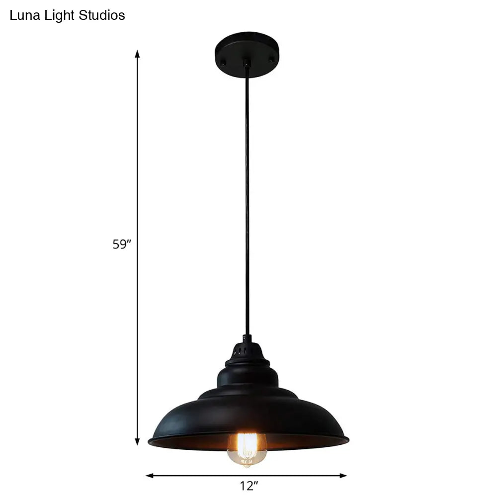 Barn Shade Industrial Metal Pendant Light Fixture - Single Bulb Hanging Lamp in Black for Living Room