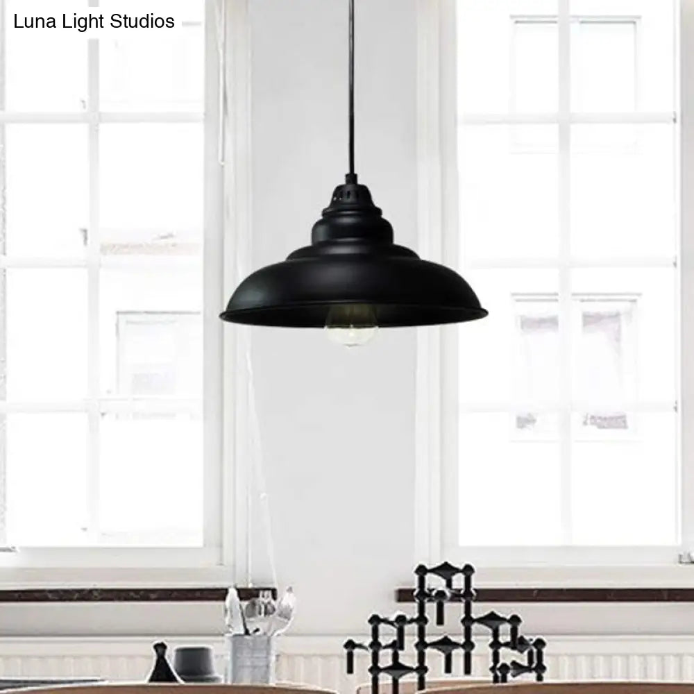 Barn Shade Industrial Metal Pendant Light Fixture - Single Bulb Hanging Lamp in Black for Living Room