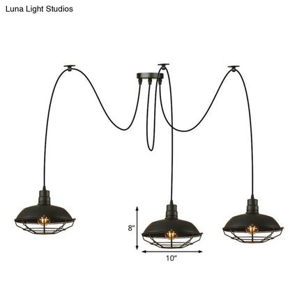 Barn Shade Metal Pendant Light - Industrial Style - 3 Lights - Kitchen Ceiling Fixture - Wire Frame - Swag Design - Black