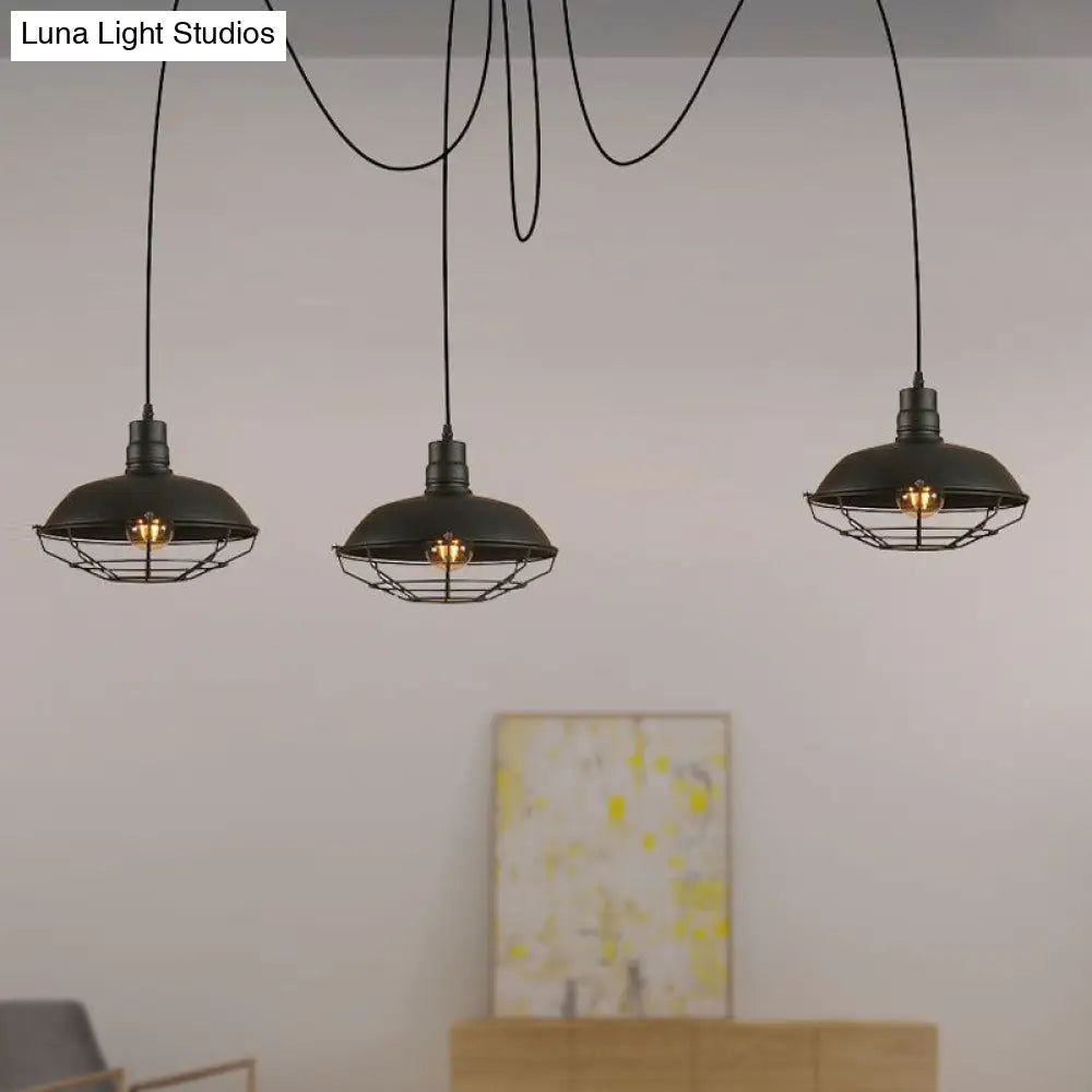 Barn Shade Metal Pendant Light - Industrial Style - 3 Lights - Kitchen Ceiling Fixture - Wire Frame - Swag Design - Black