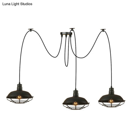 Barn Shade Metal Pendant Light - Industrial Style - 3 Lights - Kitchen Ceiling Fixture - Wire Frame - Swag Design - Black