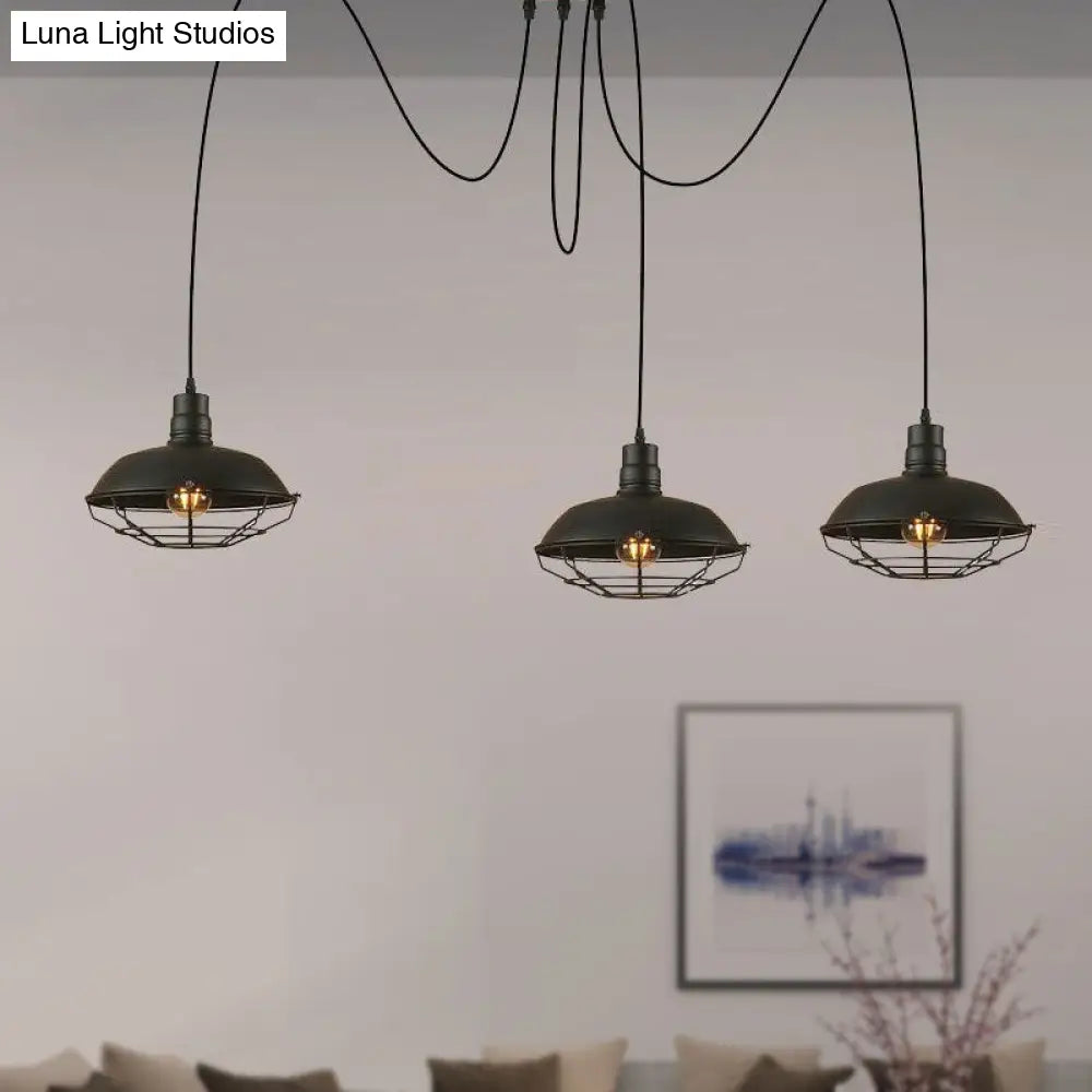 Barn Shade Metal Pendant Light - Industrial Style - 3 Lights - Kitchen Ceiling Fixture - Wire Frame - Swag Design - Black