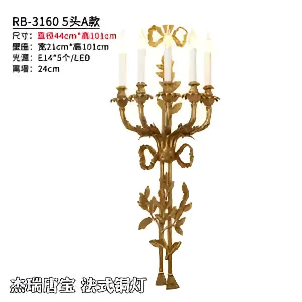 Golden ornate baroque antique brass wall sconce with five candle-style arms and leafy decorbites baroque antique accents