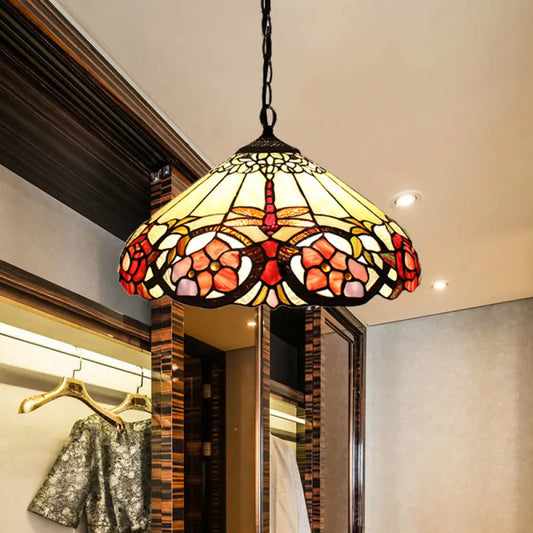 Baroque Beige Pendant Lighting with Stained Glass Shade for Bedroom - 1 Bulb