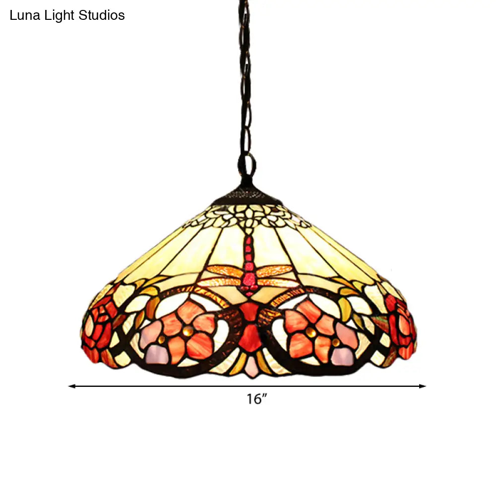 Baroque Beige Pendant Lighting with Stained Glass Shade for Bedroom - 1 Bulb