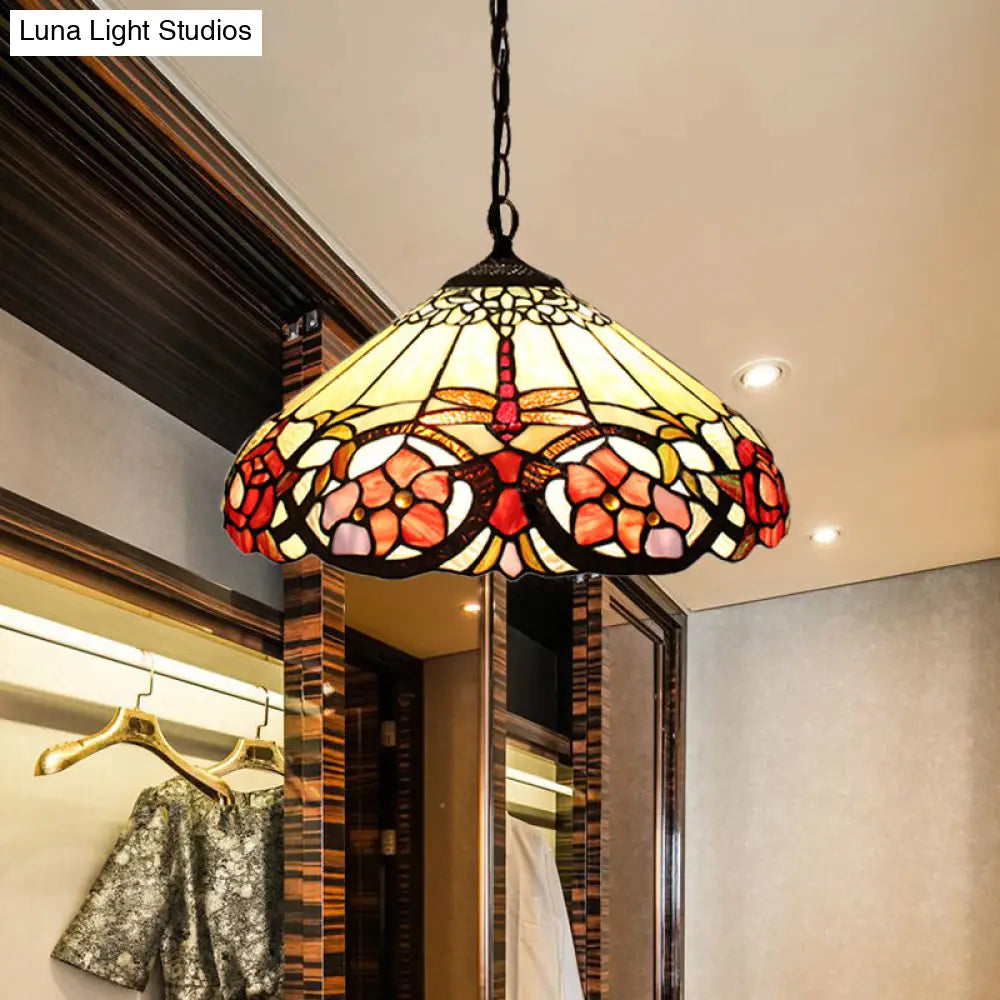 Baroque Beige Pendant Lighting with Stained Glass Shade for Bedroom - 1 Bulb