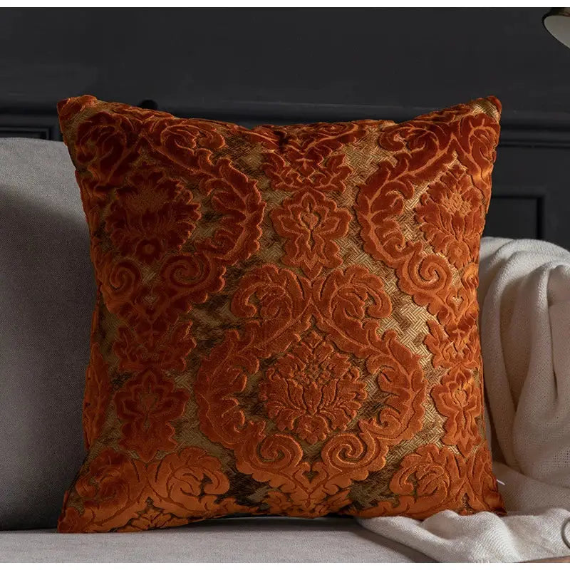 Orchid-colored velvet throw pillow with intricate damask cut velvet pattern for decorbites cushion covers living room