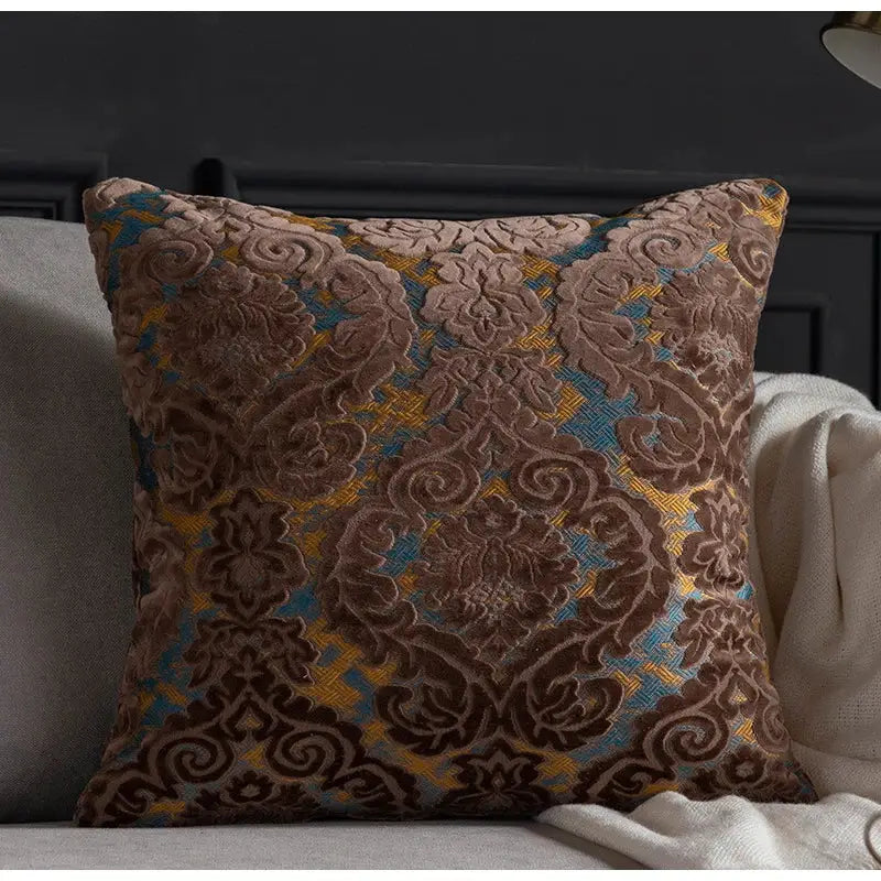 Brown and teal damask cut velvet throw pillow cushion covers by decorbites for elegant living room decor