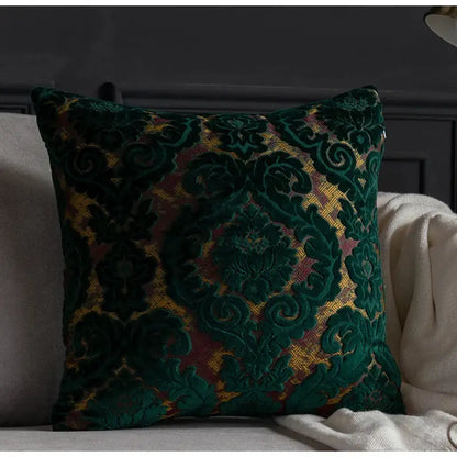 Deep emerald green velvet cushion cover with intricate gold and burgundy decorbites damask cut embroidery for living room decor