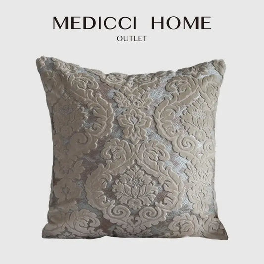 A square beige and silver damask cut velvet cushion cover from medici home outlet for living room decorbites decor