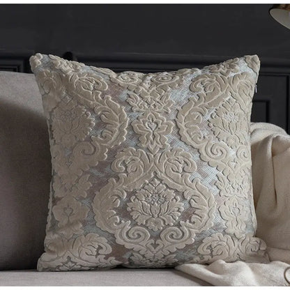 Cream-colored decorbites damask cut velvet cushion cover with intricate raised floral embroidery for living room decor