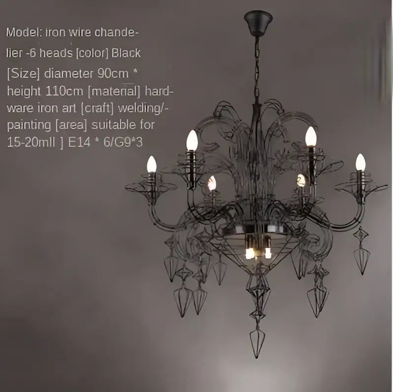 Baroque black candle chandelier with six iron wire arms and crystal accents for elegant living room decorbites baroque black design