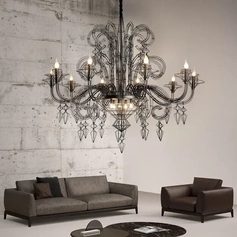 Ornate baroque black candle chandelier with intricate wrought iron arms and geometric crystal pendants for living room decor