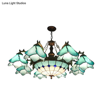 Lámpara de araña barroca negra con pantallas de cristal floral - 7/9 luces para sala de estar