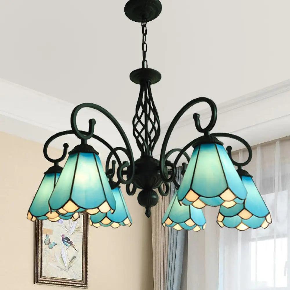 Lámpara de araña barroca negra en forma de cono con 5/6/8 luces colgantes de cristal blanco/azul para sala de estar