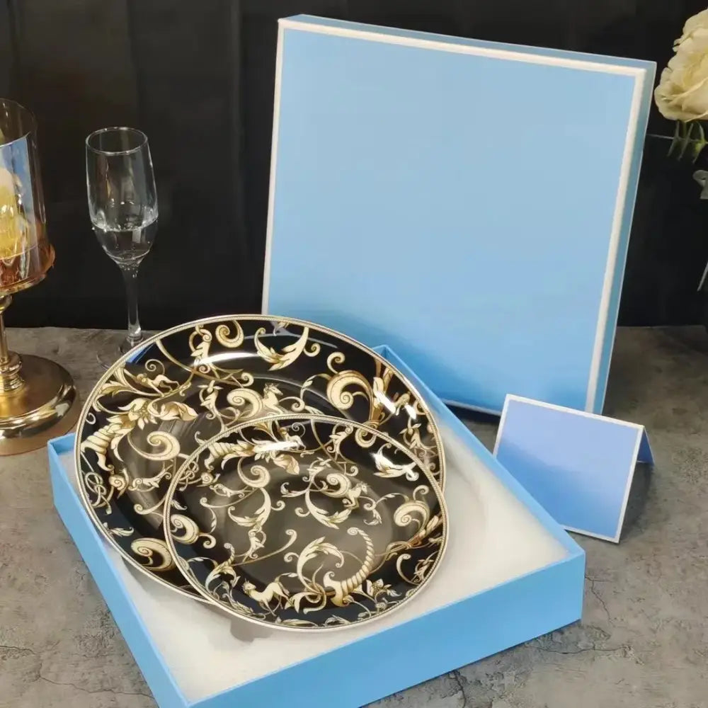 Elegant black and gold porcelain tea set in a light blue gift box from the black unicorn series kitchenware collection