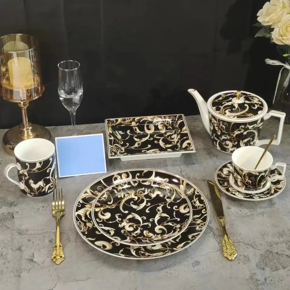 Baroque black and gold ornate porcelain tea set with intricate patterns from the black unicorn series kitchenware