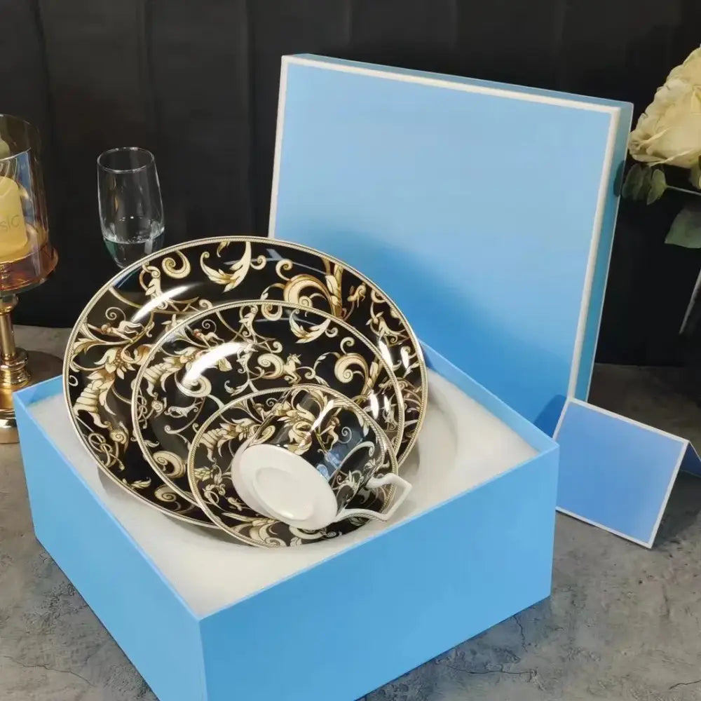Elegant black and gold ornate porcelain tea set with baroque patterns in a light blue gift box from black unicorn series