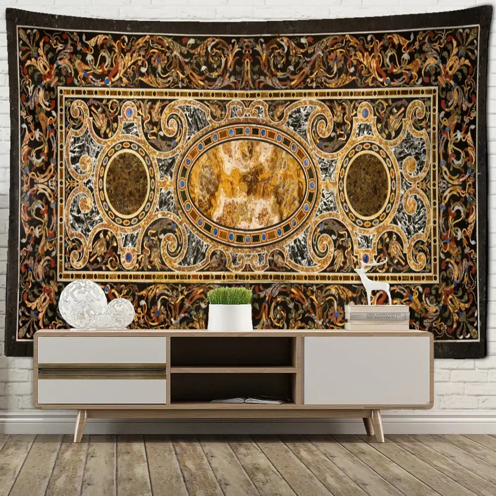 Ornate gold and black baroque style astrology tapestry wall hanging on white brick wall for bohemian style decor