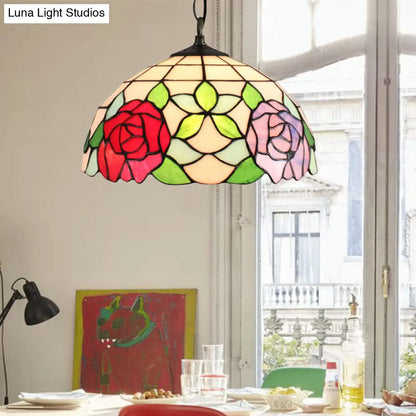 Baroque Black Stained Glass Pendant Lamp with Rose Pattern - Suspended Light Fixture