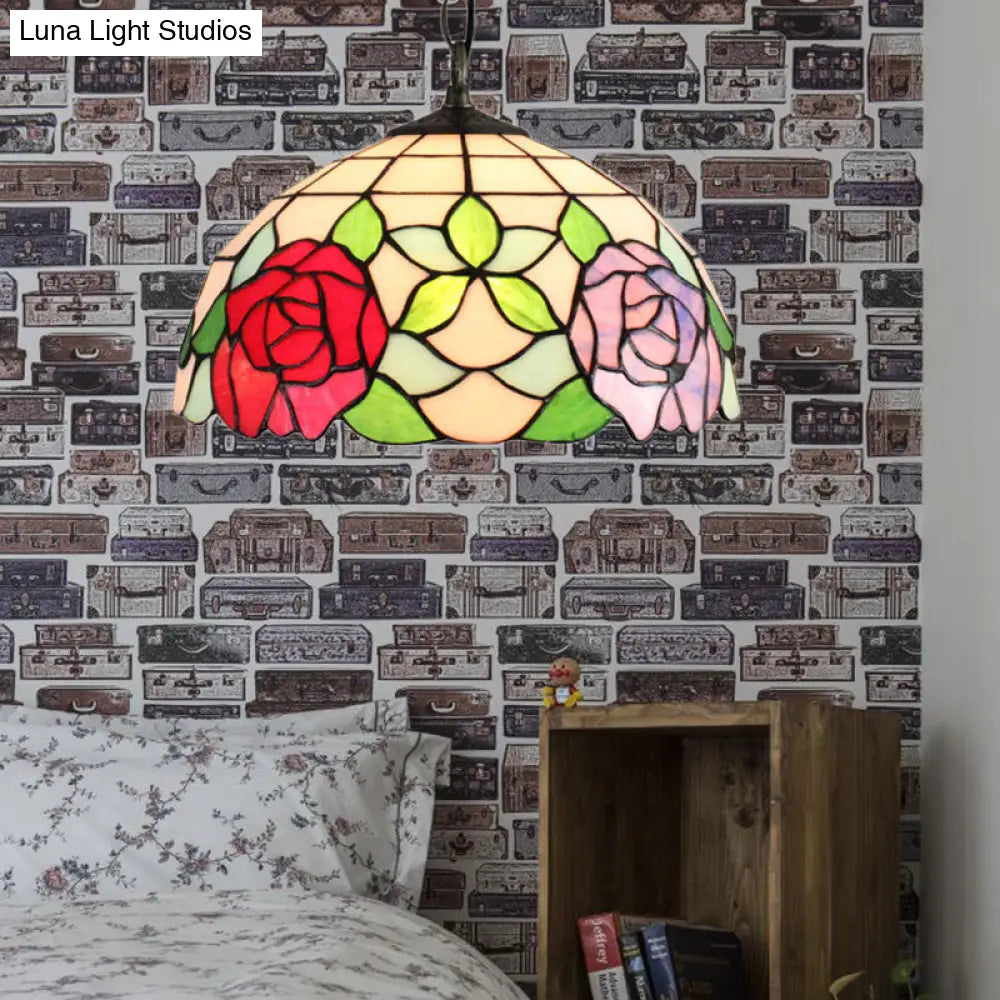 Baroque Black Stained Glass Pendant Lamp with Rose Pattern - Suspended Light Fixture