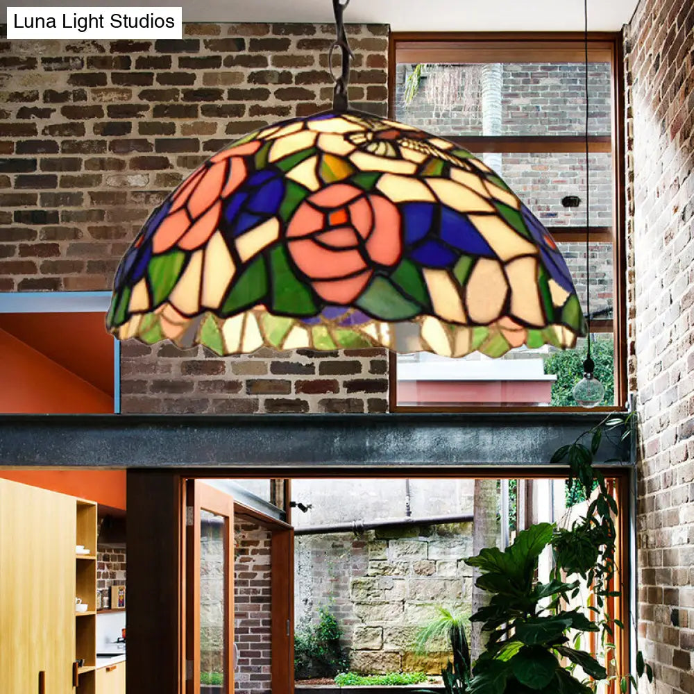 Baroque Black Stained Glass Pendant Lamp with Rose Pattern - Suspended Light Fixture