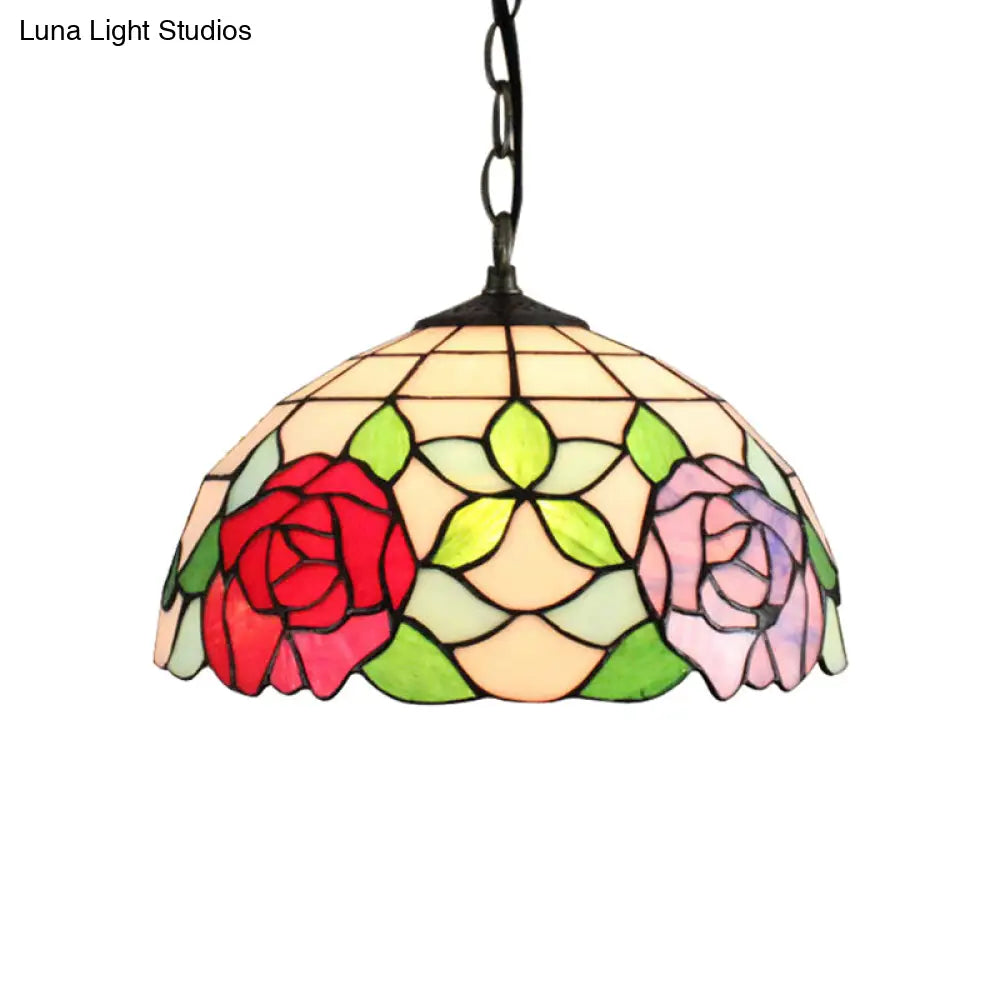 Baroque Black Stained Glass Pendant Lamp with Rose Pattern - Suspended Light Fixture