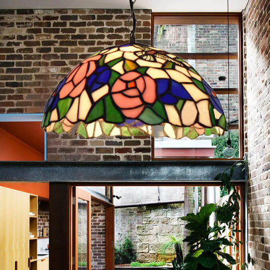 Baroque Black Stained Glass Pendant Lamp with Rose Pattern - Suspended Light Fixture