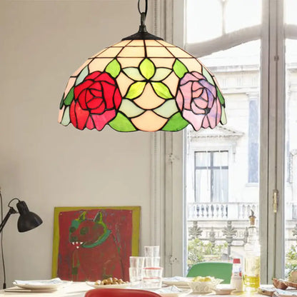 Baroque Black Stained Glass Pendant Lamp with Rose Pattern - Suspended Light Fixture