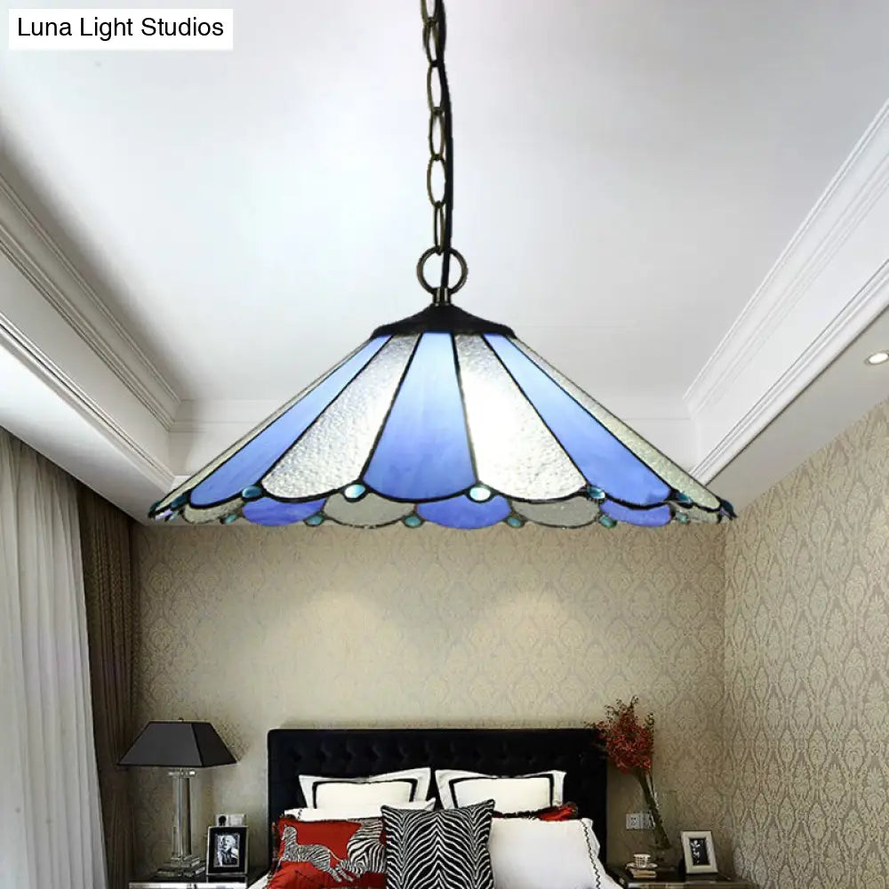 Baroque Blue Conical Suspension Lamp - Hand Cut Glass Ceiling Light for Bedroom