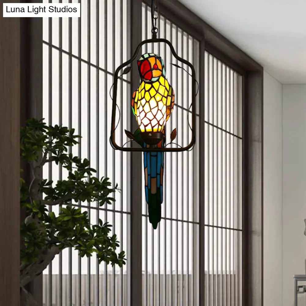 Baroque Blue Cut Glass Parrot Wall Sconce with Perch Swing and Feather Fixture