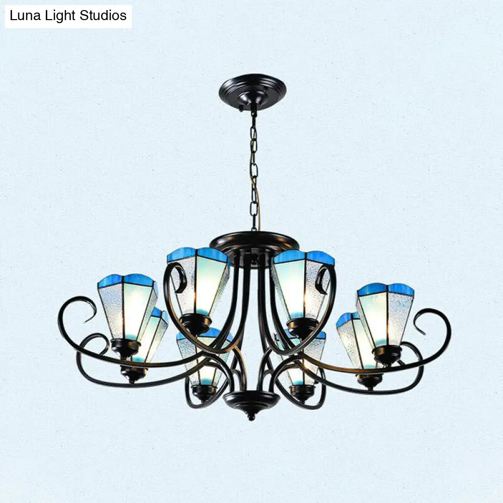 Lámpara colgante de techo cónica de cristal azul esmerilado estilo barroco - Negra con 3/6/8 luces, 45,7/70/82,6 cm de ancho