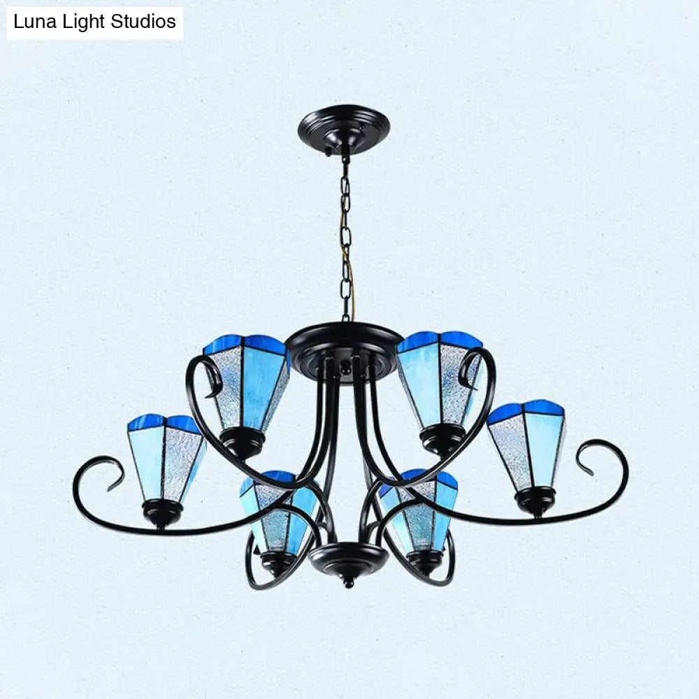 Lámpara colgante de techo cónica de cristal azul esmerilado estilo barroco - Negra con 3/6/8 luces, 45,7/70/82,6 cm de ancho