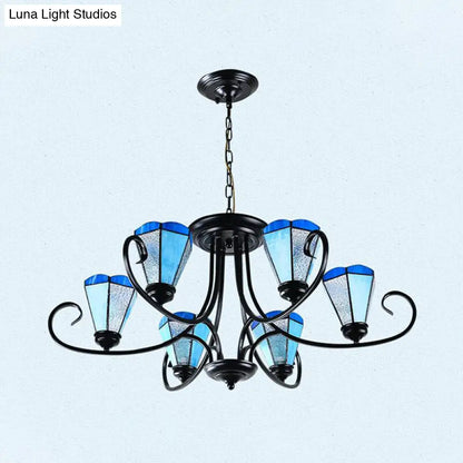 Lámpara colgante de techo cónica de cristal azul esmerilado estilo barroco - Negra con 3/6/8 luces, 45,7/70/82,6 cm de ancho