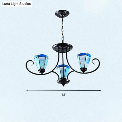 Lámpara colgante de techo cónica de cristal azul esmerilado estilo barroco - Negra con 3/6/8 luces, 45,7/70/82,6 cm de ancho