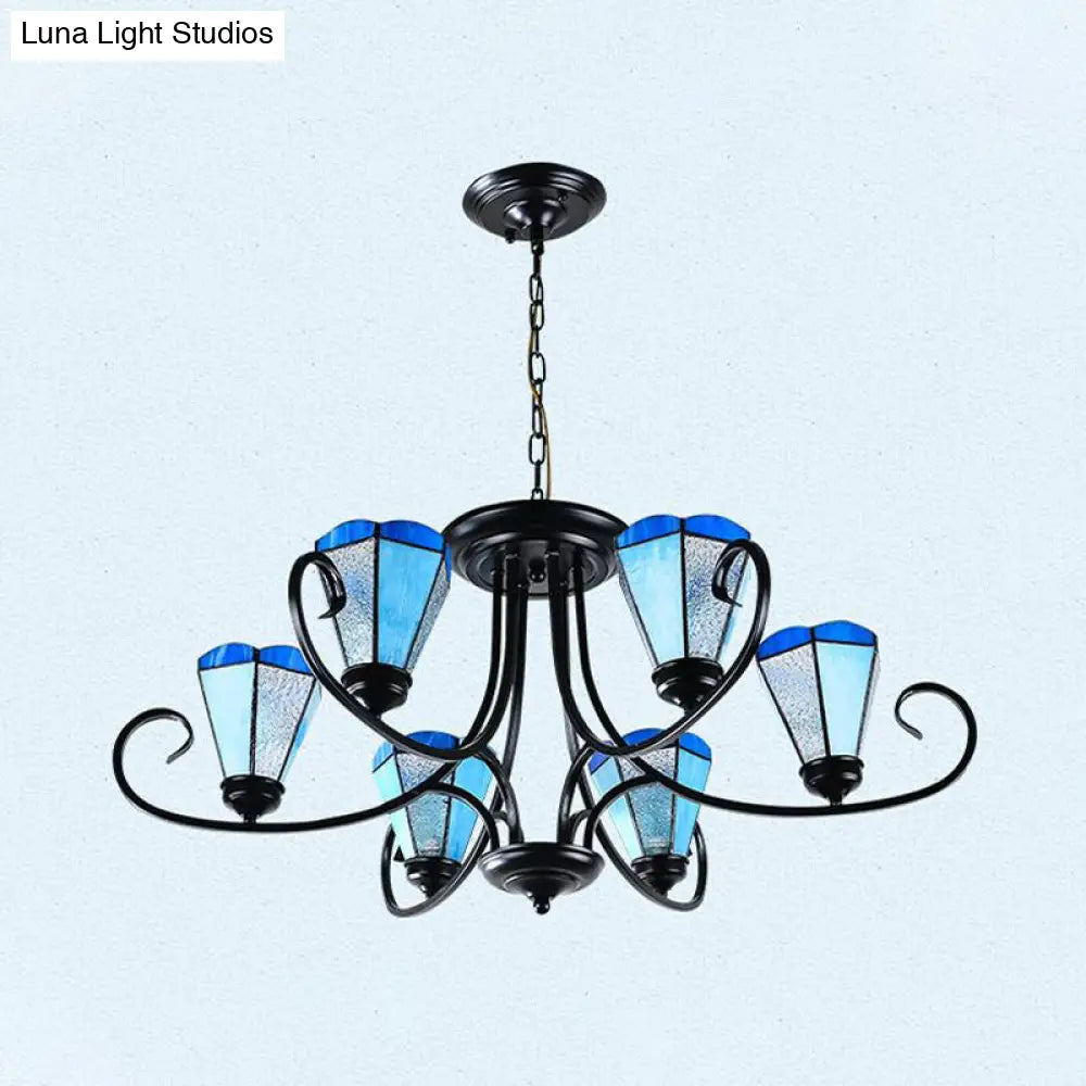 Lámpara colgante de techo cónica de cristal azul esmerilado estilo barroco - Negra con 3/6/8 luces, 45,7/70/82,6 cm de ancho