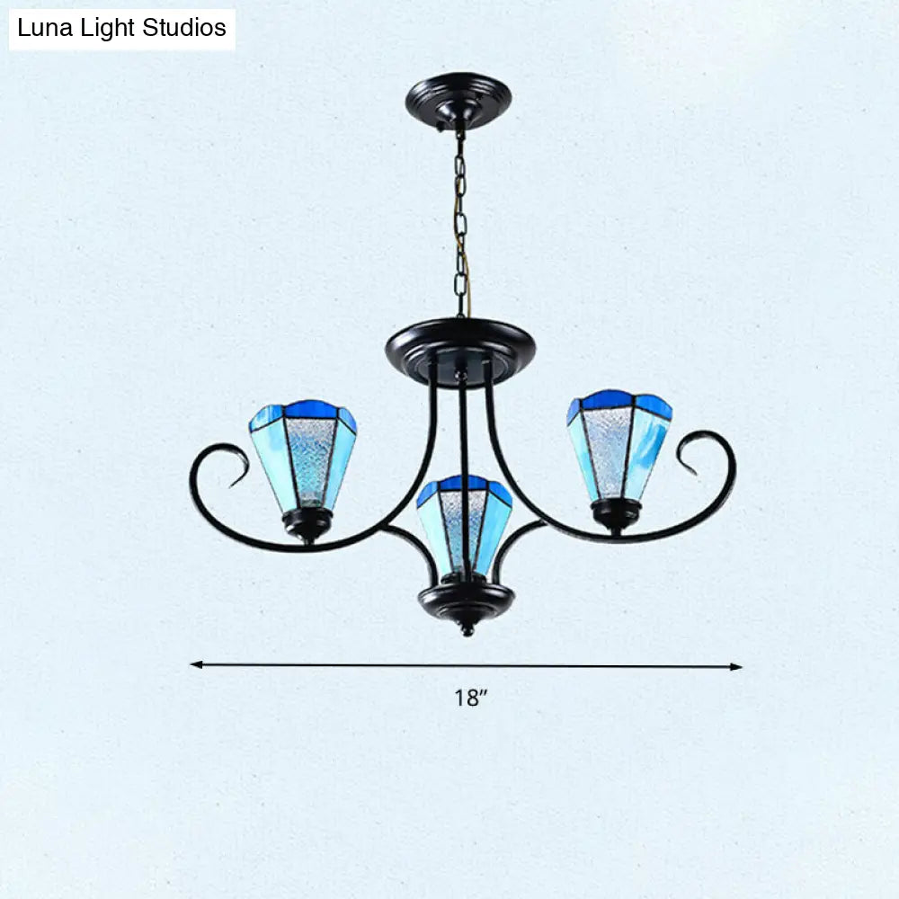 Lámpara colgante de techo cónica de cristal azul esmerilado estilo barroco - Negra con 3/6/8 luces, 45,7/70/82,6 cm de ancho