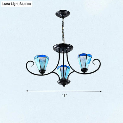 Lámpara colgante de techo cónica de cristal azul esmerilado estilo barroco - Negra con 3/6/8 luces, 45,7/70/82,6 cm de ancho