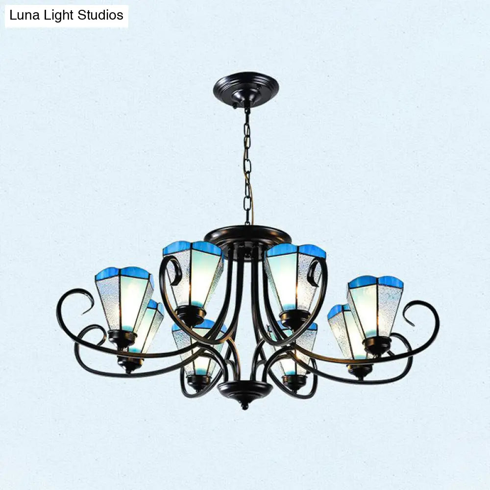 Lámpara colgante de techo cónica de cristal azul esmerilado estilo barroco - Negra con 3/6/8 luces, 45,7/70/82,6 cm de ancho