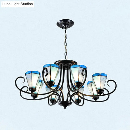 Lámpara colgante de techo cónica de cristal azul esmerilado estilo barroco - Negra con 3/6/8 luces, 45,7/70/82,6 cm de ancho