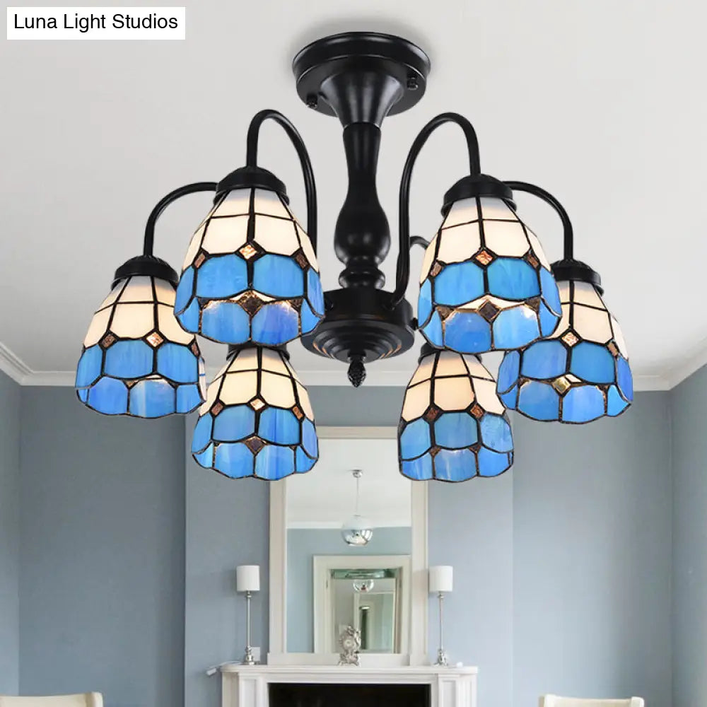 DecorBites™ DecorBites™ Baroque Blue Glass Ceiling Light Fixture - Domed Cut Semi Mount, 6/8 Lights, Stylish Design