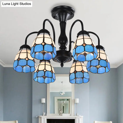 DecorBites™ DecorBites™ Baroque Blue Glass Ceiling Light Fixture - Domed Cut Semi Mount, 6/8 Lights, Stylish Design