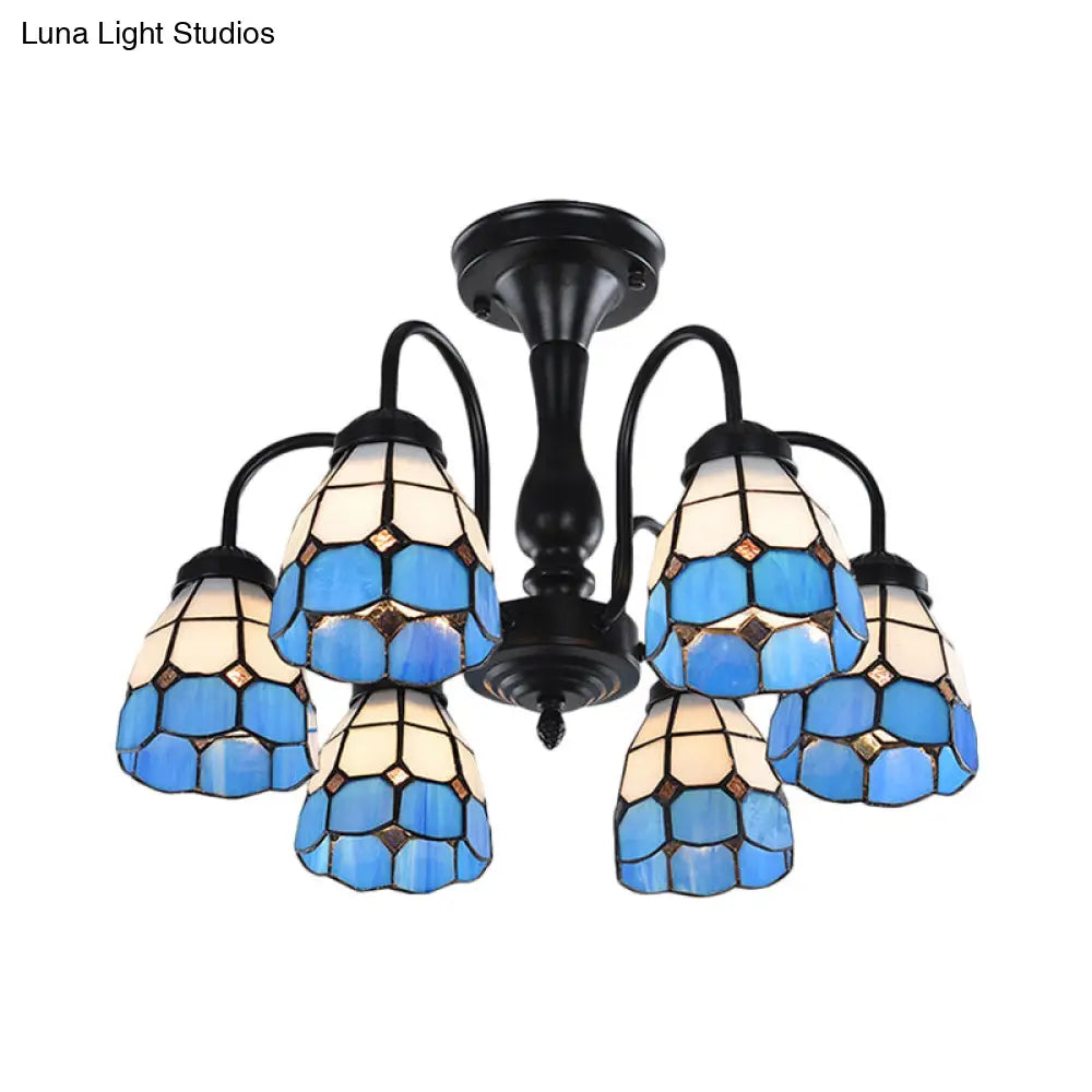 DecorBites™ DecorBites™ Baroque Blue Glass Ceiling Light Fixture - Domed Cut Semi Mount, 6/8 Lights, Stylish Design