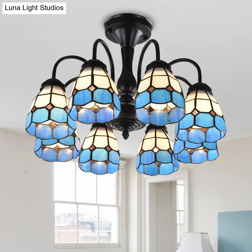 DecorBites™ DecorBites™ Baroque Blue Glass Ceiling Light Fixture - Domed Cut Semi Mount, 6/8 Lights, Stylish Design