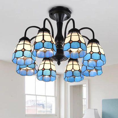 DecorBites™ DecorBites™ Baroque Blue Glass Ceiling Light Fixture - Domed Cut Semi Mount, 6/8 Lights, Stylish Design
