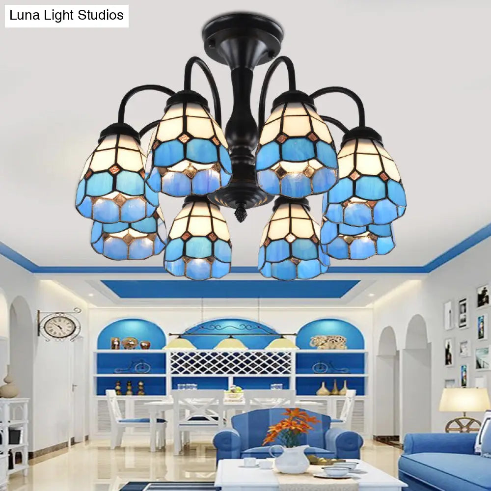 DecorBites™ DecorBites™ Baroque Blue Glass Ceiling Light Fixture - Domed Cut Semi Mount, 6/8 Lights, Stylish Design