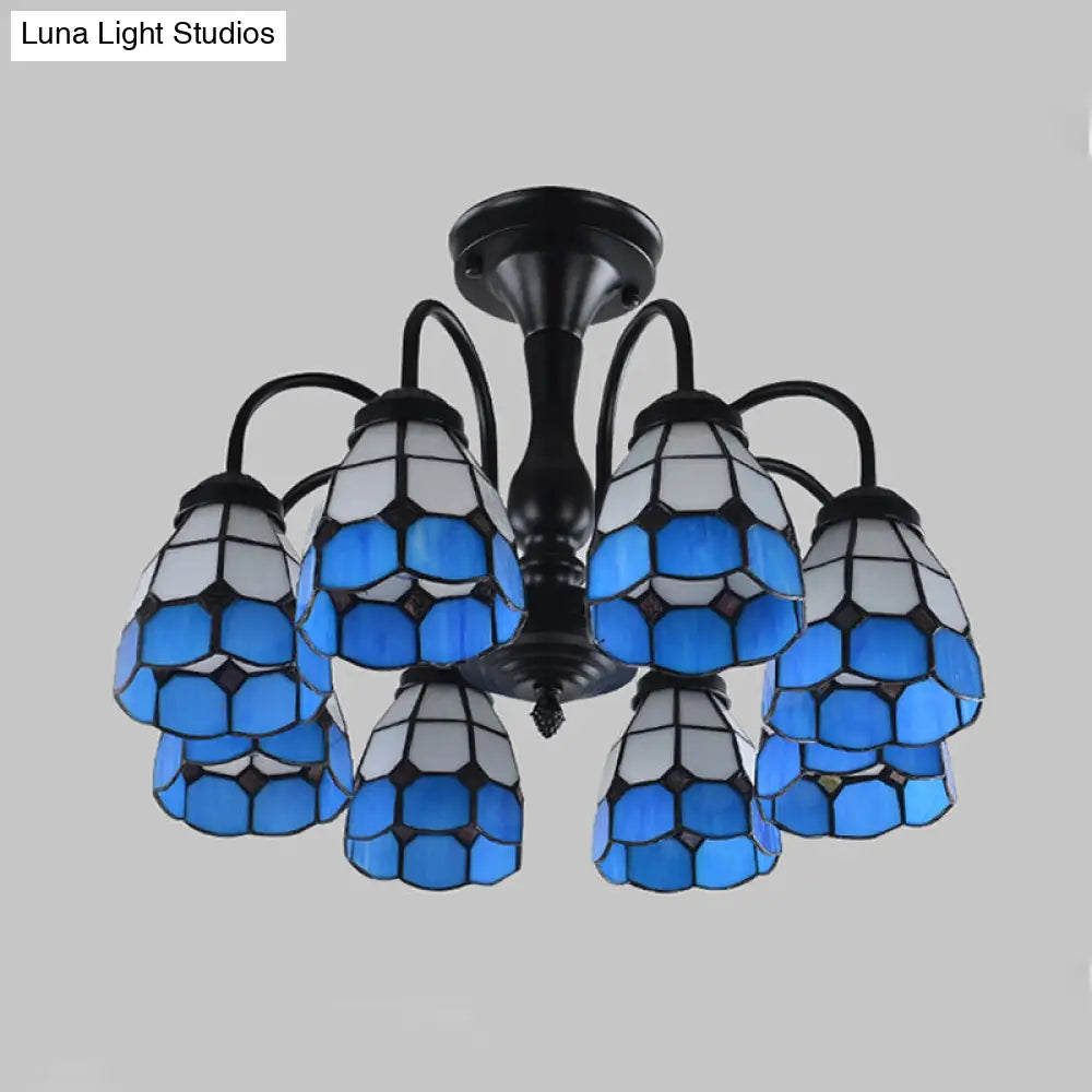 DecorBites™ DecorBites™ Baroque Blue Glass Ceiling Light Fixture - Domed Cut Semi Mount, 6/8 Lights, Stylish Design