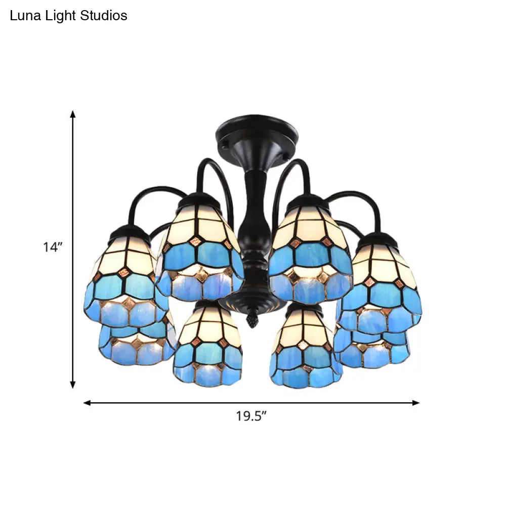 DecorBites™ DecorBites™ Baroque Blue Glass Ceiling Light Fixture - Domed Cut Semi Mount, 6/8 Lights, Stylish Design